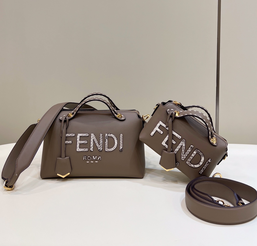 Fendi Mini By The Way Leather Boston Shoulder Bag Grey